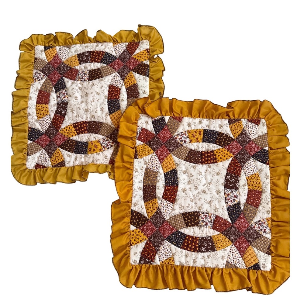 Vintage Style Quilted Double Wedding Ring Ruffled Pillow Shams Set of 2 Mustard